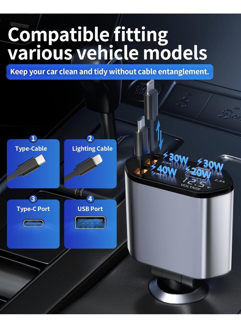 Retractable Car Charger, 4 in 1 Fast Charging Car Charger USB-C & USB-A, Retractable Cables Compatible with iPhone - Image 5